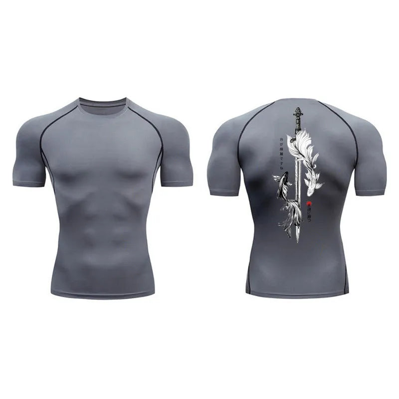 Men's short sleeve compression shirt with sword print design in chemical fibre blend fabric