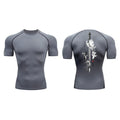 Men's short sleeve compression shirt with sword print design in chemical fibre blend fabric