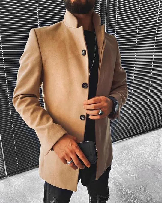 Men's brown woolen stand-up collar mid-length coat jacket, front view, EU sizes XS to 4XL