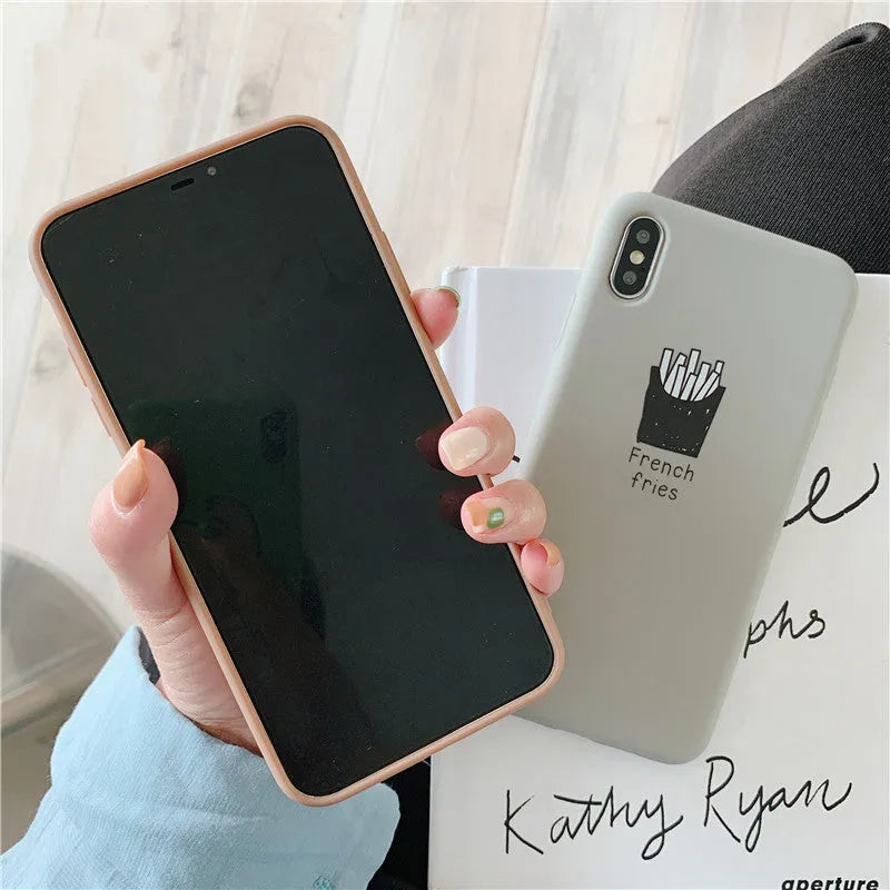Silicone iPhone case with ice coffee and french fries couple designs on matte background