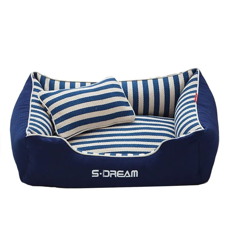 Navy stripes dog kennel mat with removable washable cover and mini pillow in crate