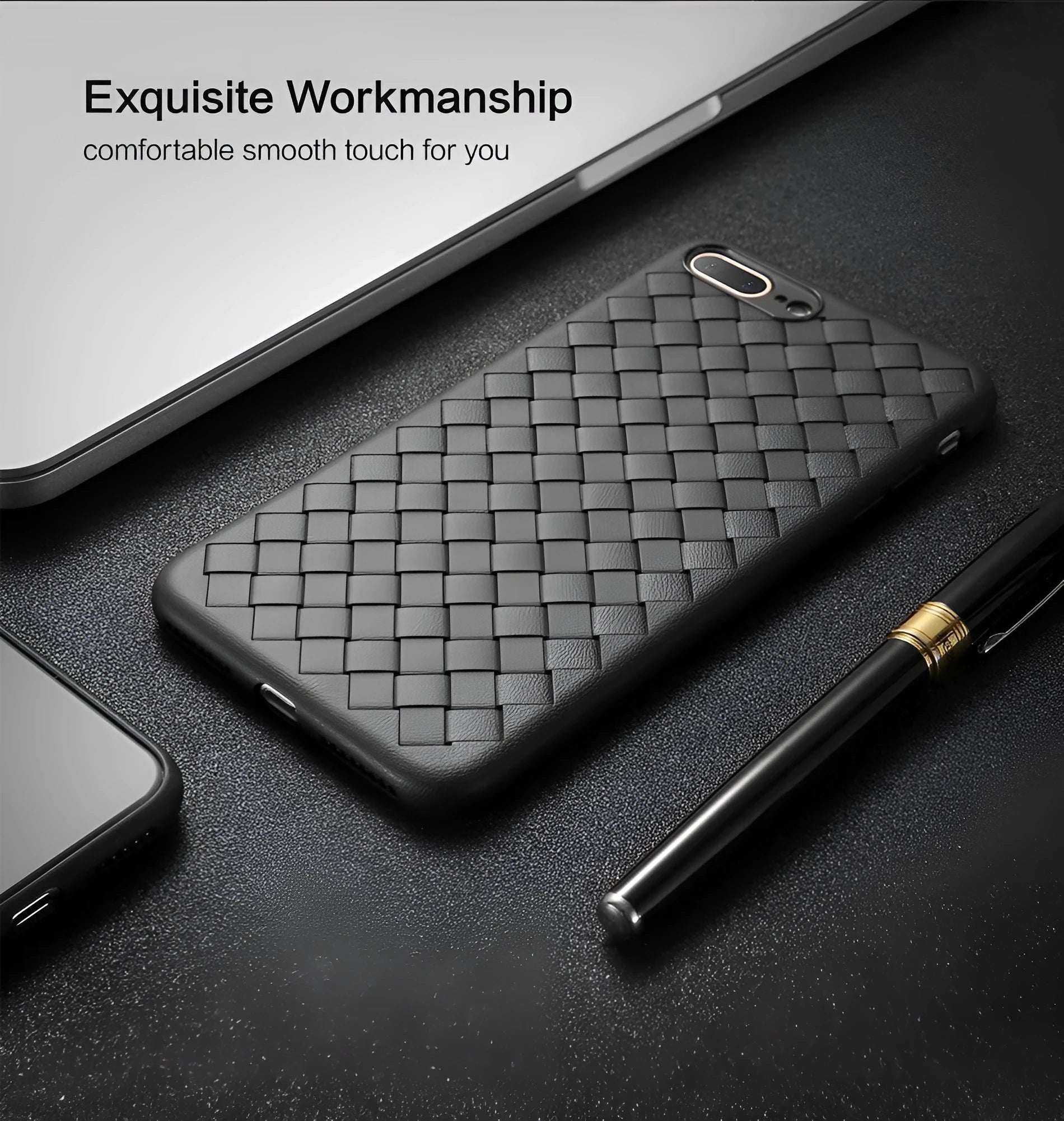 Luxury grid weaving pattern TPU phone case for iPhone with raised screen edges and anti-fingerprint finish.