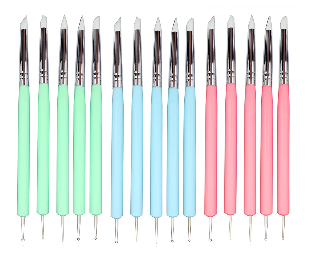 Five double-ended nail art and sculpture tools with silicone tips and wooden handles in light blue, light green, and pink