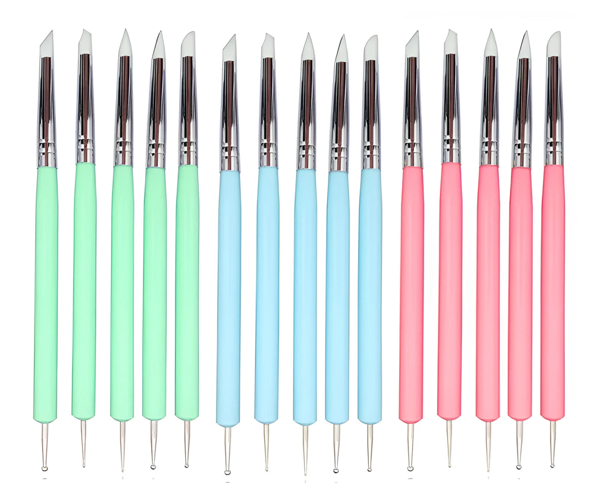 Five double-ended nail art and sculpture tools with silicone tips and wooden handles in light blue, light green, and pink