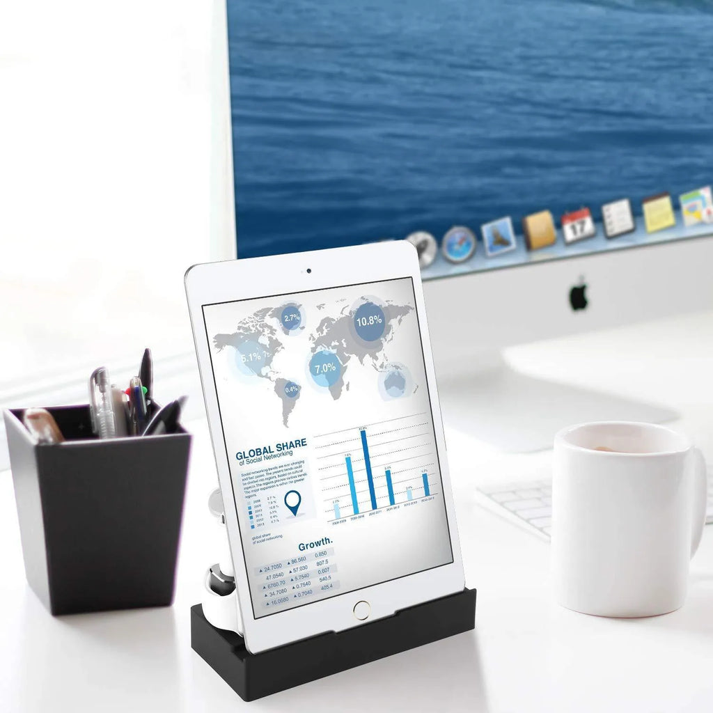 Black eight-in-one wireless charging station with bracket design showing five USB ports and wireless charging pad