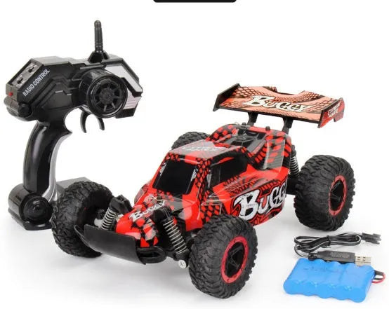 Blue and yellow 1:18 scale RC drift car with 2.4G remote control on charging cable
