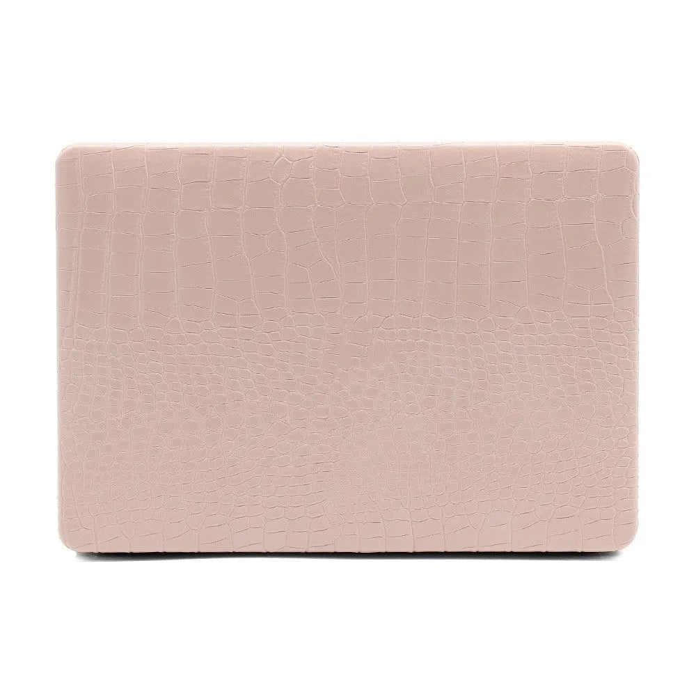 MacBook laptop case with crocodile pattern texture in black, white, or soft pink, showing hollowed Apple logo.