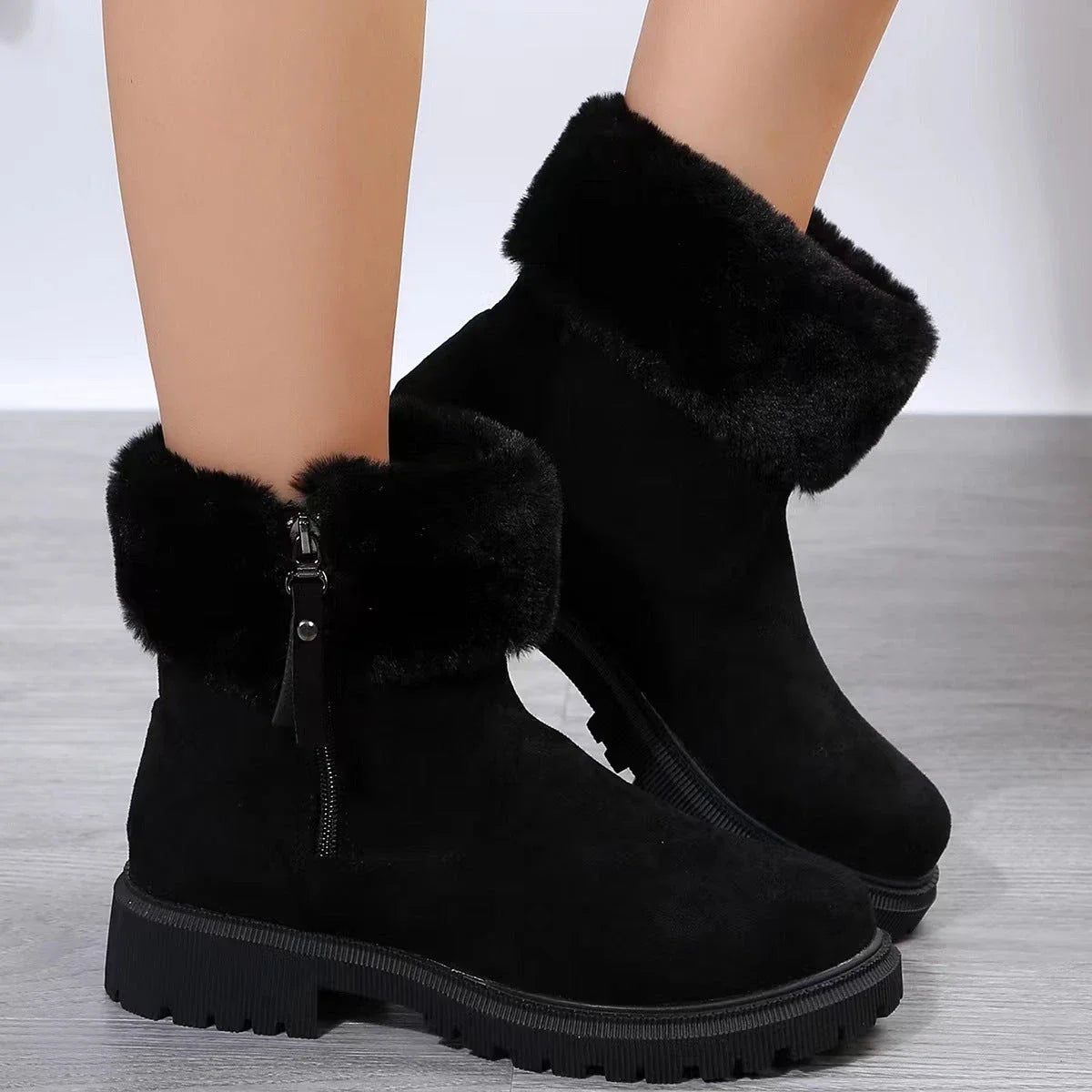 Cozy plush winter boots for women with side zipper, available in beige and black colors