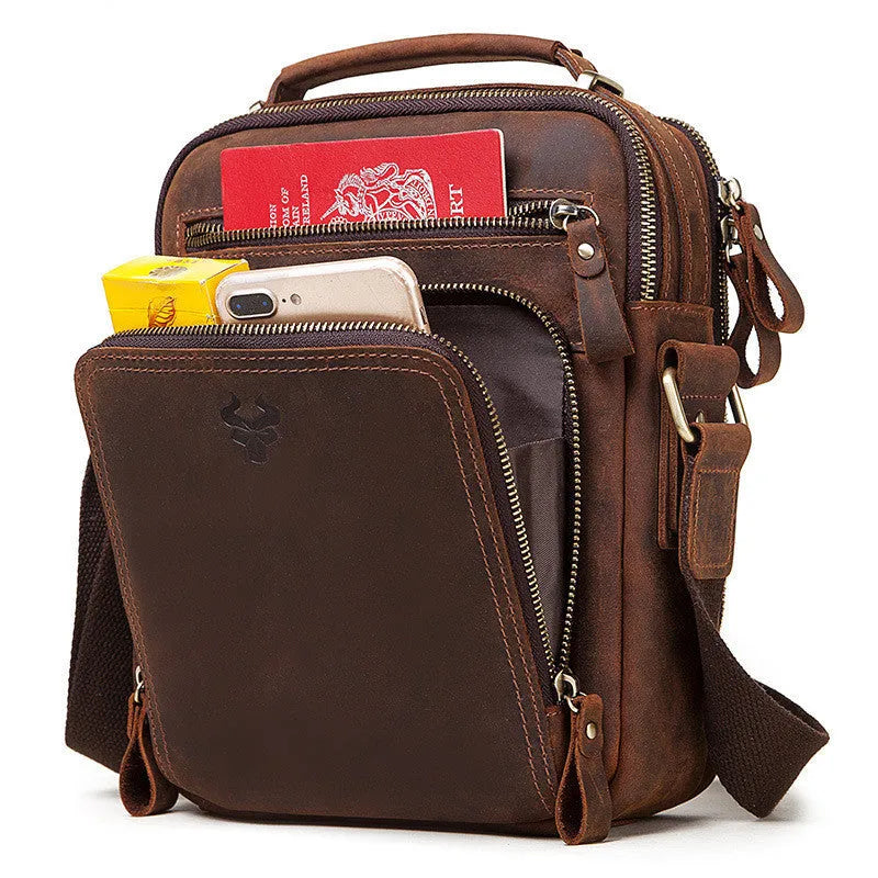 Men's brown Crazy Horse leather crossbody bag with vintage retro styling and visible sewing lines