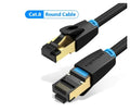 CAT8 network cable with RJ45 connectors, shown in flat and round style options.