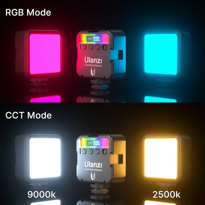 Pocket magnetic RGB fill light with 120° beam and 2000mAh battery for product photography
