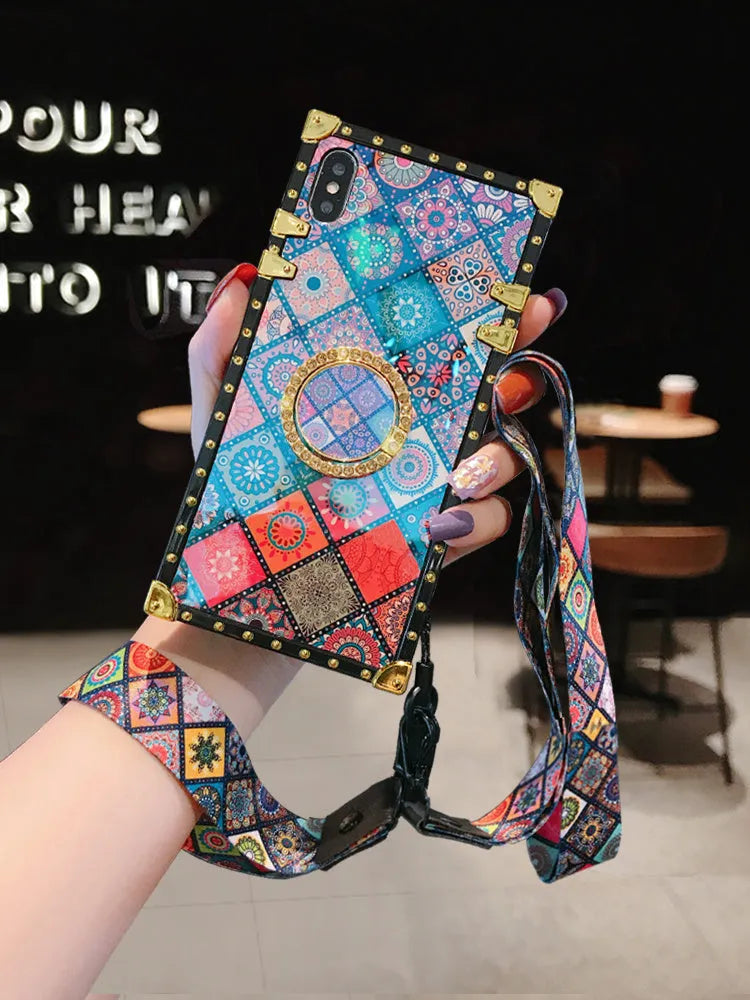 Samsung phone case in bohemian style with blue light mirror frame on a luxury square silicone cover.
