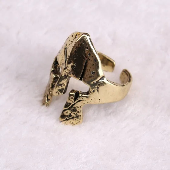 Spartan hero helmet mask copper ring in Ancient silver finish on finger