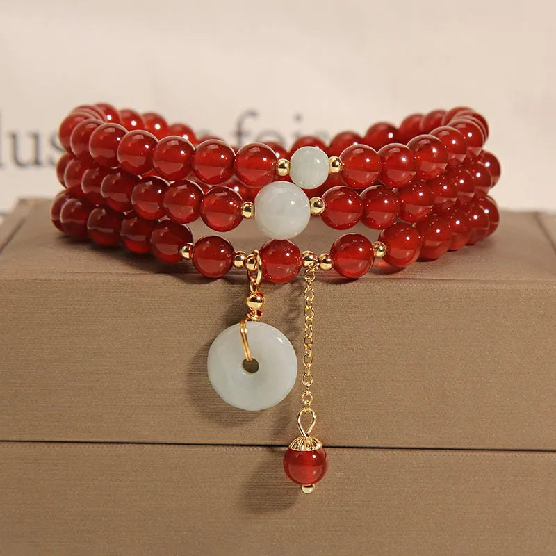 Women's multi-layer crystal bracelet with red agate stones in retro ethnic style