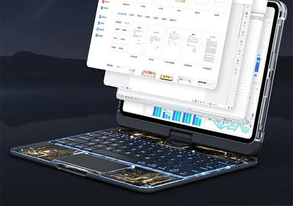 Versatile 360-degree swivel keyboard case with transparent backplate, scissor-style keys, and integrated trackpad for iPad