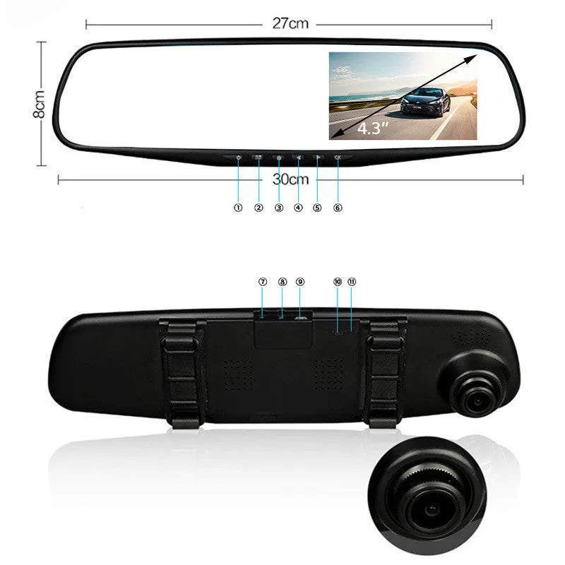 Black car driving recorder with 4.3-inch screen and 170° wide-angle lens mounted on a rearview mirror
