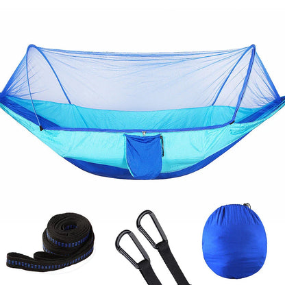 Premium 210T nylon outdoor hammock with mosquito net, featuring a quick pop-up design for easy setup and versatile use in various outdoor settings.