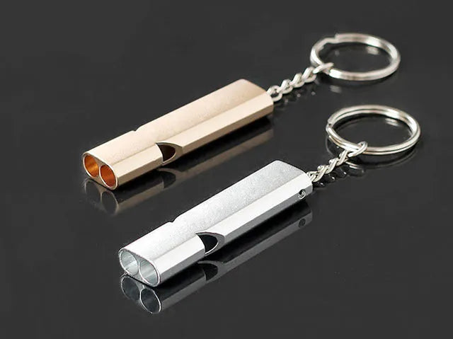 Gold and silver aluminium alloy double hole outdoor survival whistle