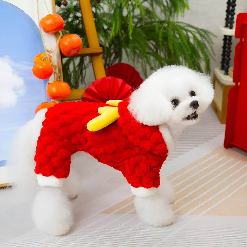 Red Little Dragon cartoon design fluffy velvet jacket for a dog or cat.