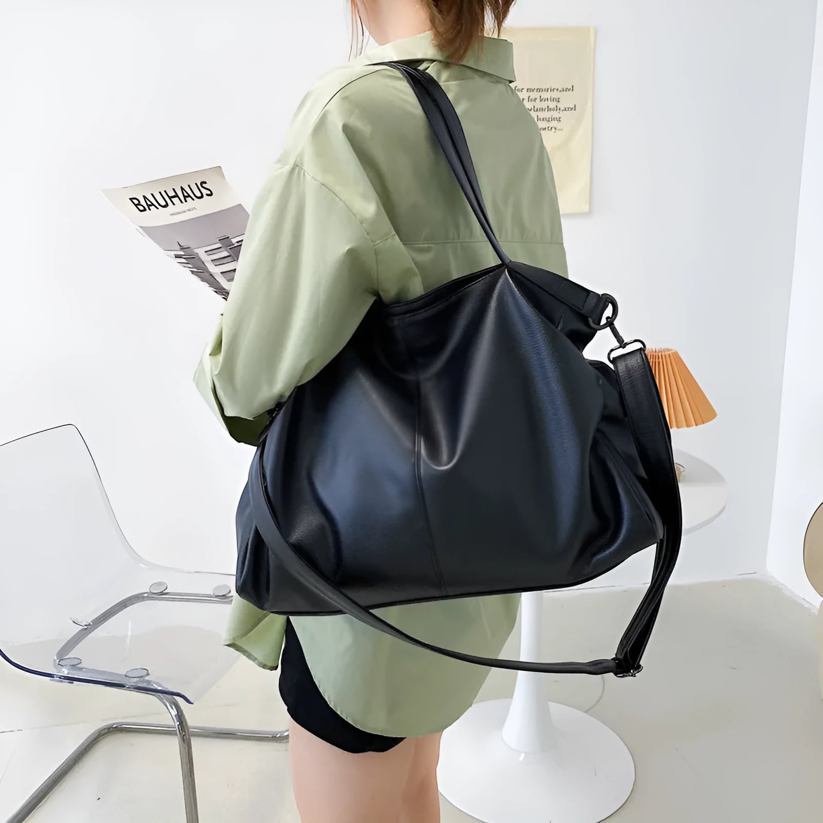 Large soft surface PU messenger tote bag with adjustable shoulder strap and zip opening