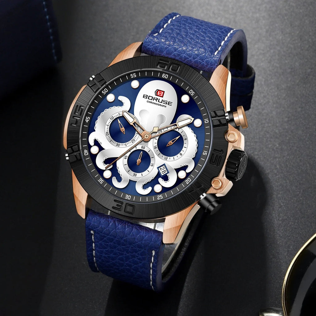 Octopus men's waterproof luminous quartz watch with 13mm thick case in blue and black colour options