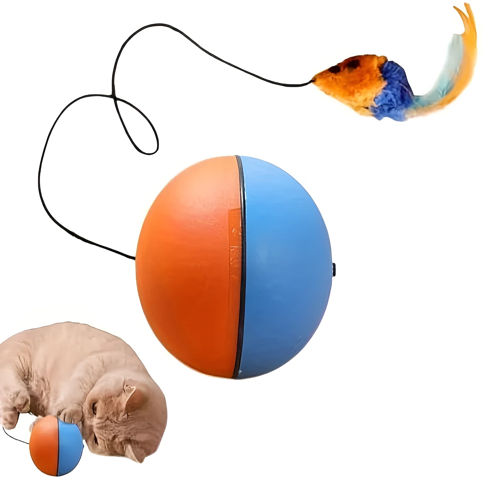 Interactive grey and orange cat toy with plush mouse and ball measuring 8.5 cm