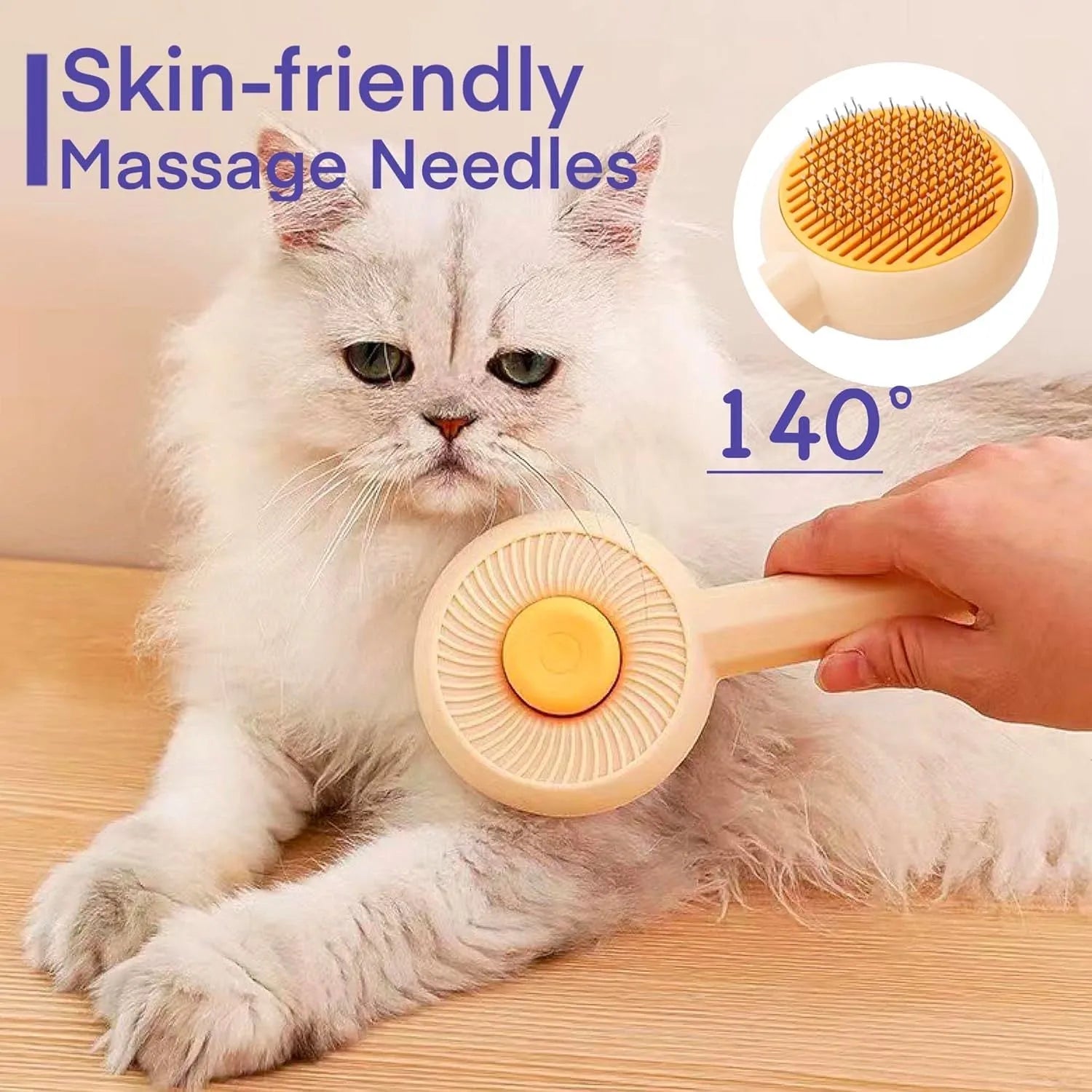 Blue and yellow pet grooming brush with self-cleaning button and angled metal needles