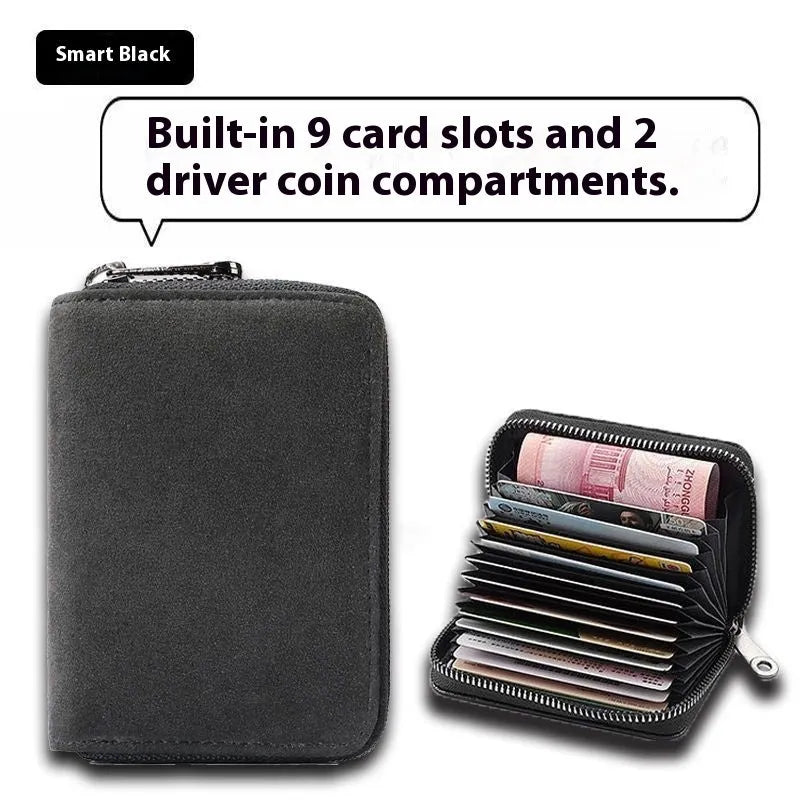 Men's suede card holder in grey, black, blue or green with 11 or 18 card positions, anti-degaussing, waterproof PU material.