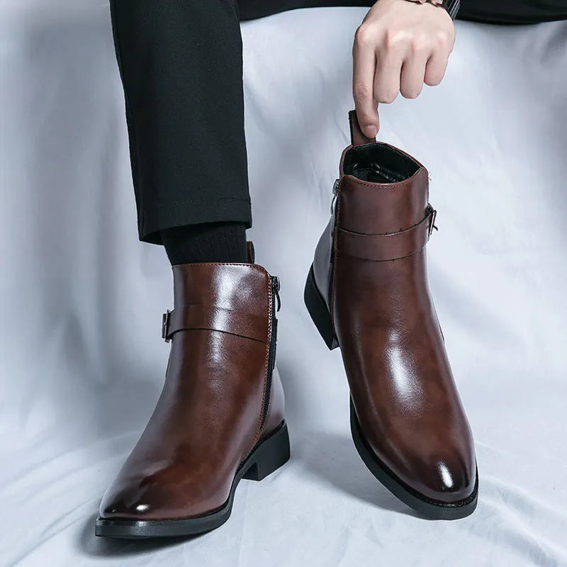 Men's high-top Western boots in black PU leather with tall crown and rubber sole