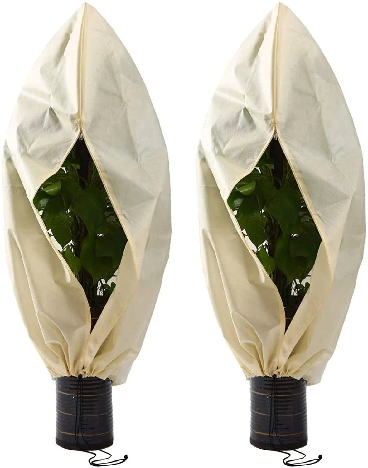 Adjustable, breathable plant cover in beige fabric to protect outdoor plants from winter frost and harsh weather