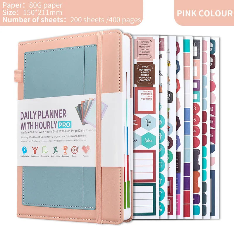 No date notebook with elastic strap closed, showing PU cover in a choice of colours including purple, green, and pink.