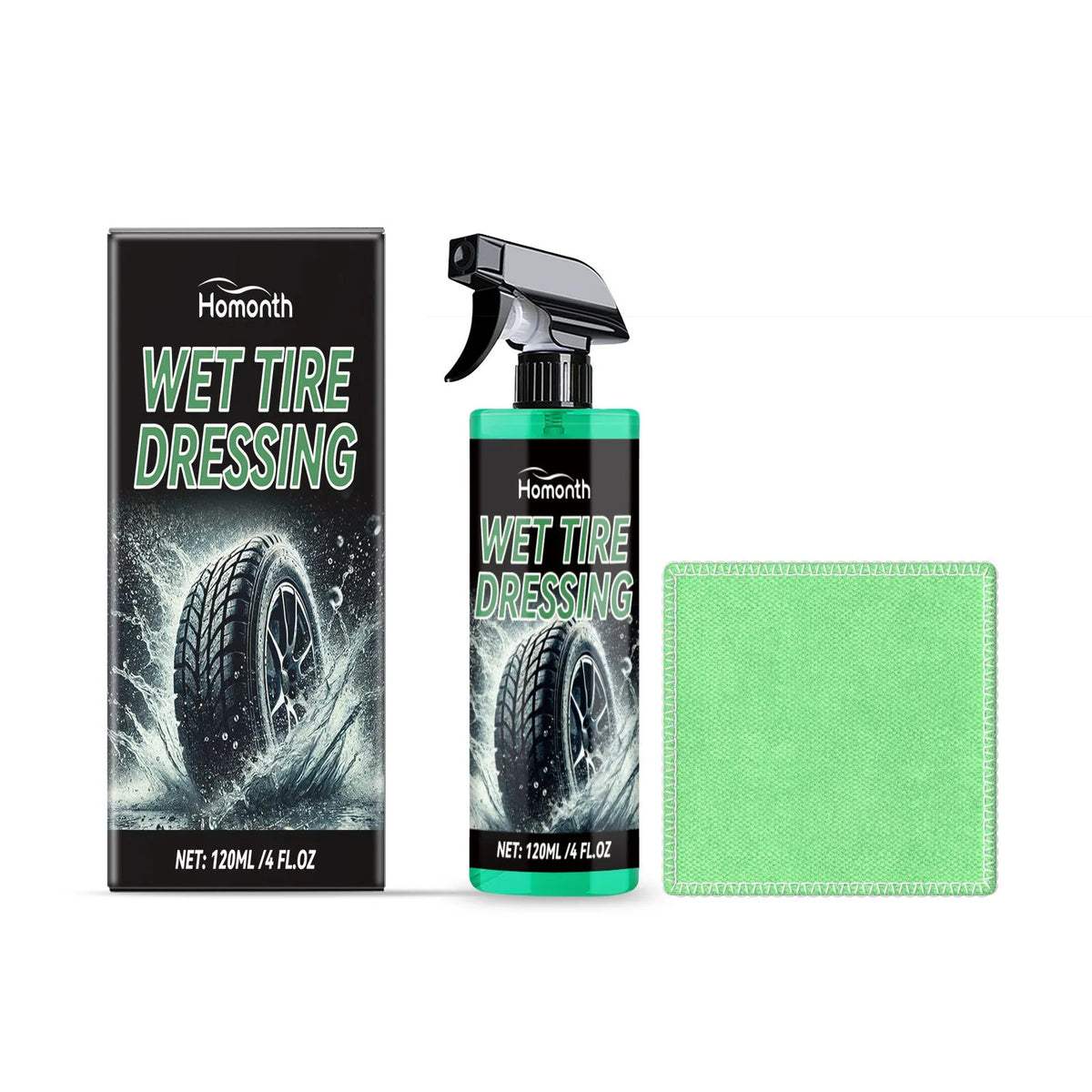 120ml car tyre protective agent bottle 7.3 x 11cm with green towel 20 x 20cm for tyre cleaning and polishing