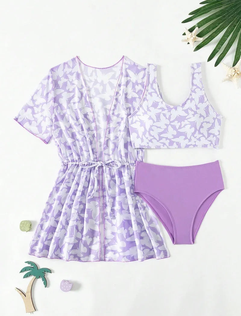 Three-piece polyester swimsuit set for girls aged 8-12 in colour 3218 with coat, vest, and pants