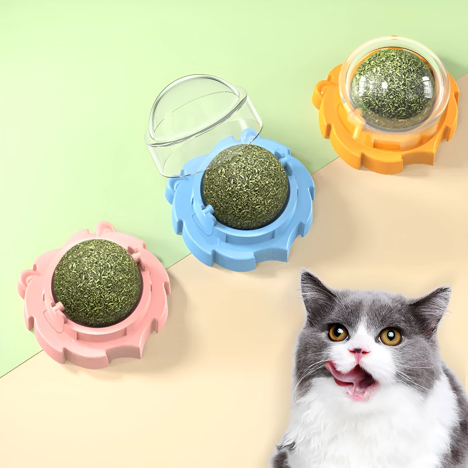 Orange, pink, and blue adhesive molar-shaped cat toys with a sticky base.