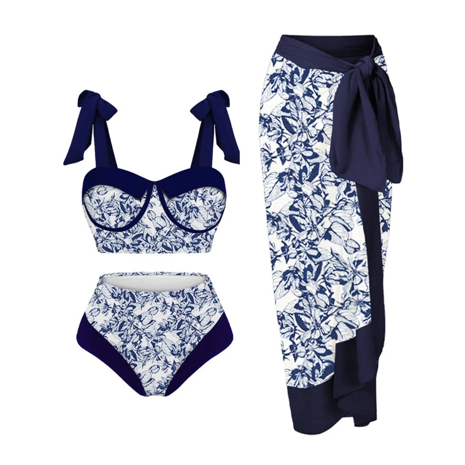 Women's printed split swimsuit three-piece set showing bra, skirt, and panties in floral pattern