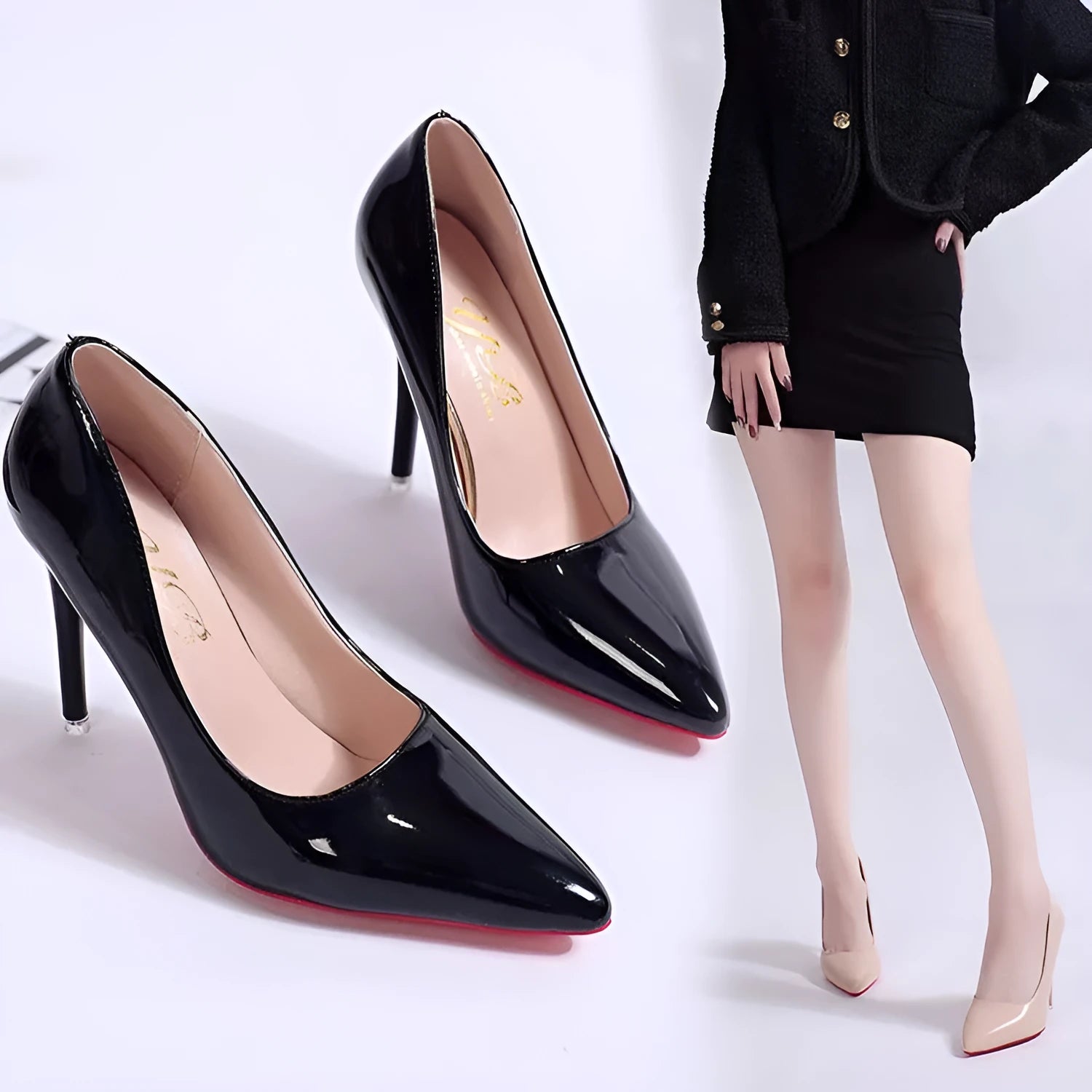 Women's solid colour stiletto heel pumps with pointed toe and low-cut vamp