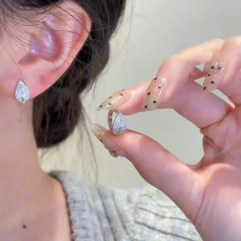 Silver full rhinestone zircon leaf-shaped earrings for women on copper base