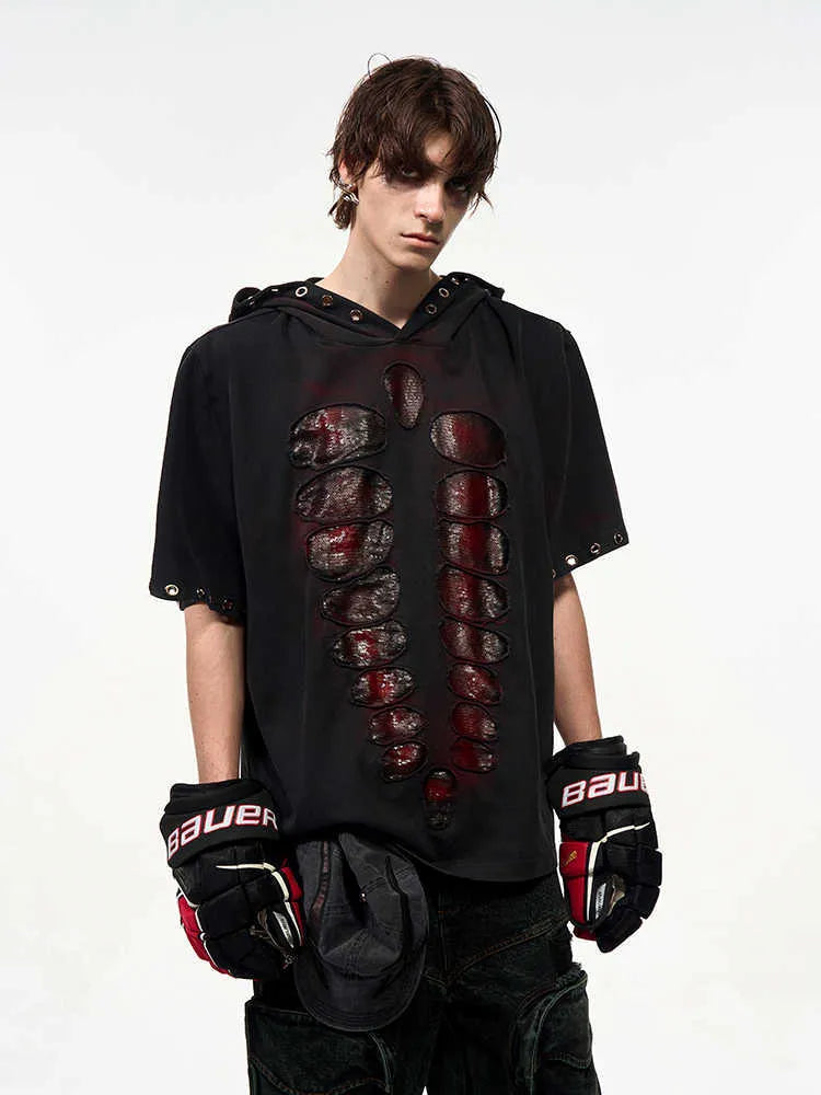 Black men's hooded sequin T-shirt loose fit short sleeves