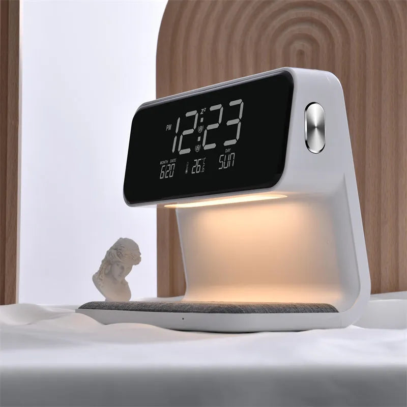 White 3-in-1 bedside lamp with wireless charging pad, LCD display, and ABS lampshade
