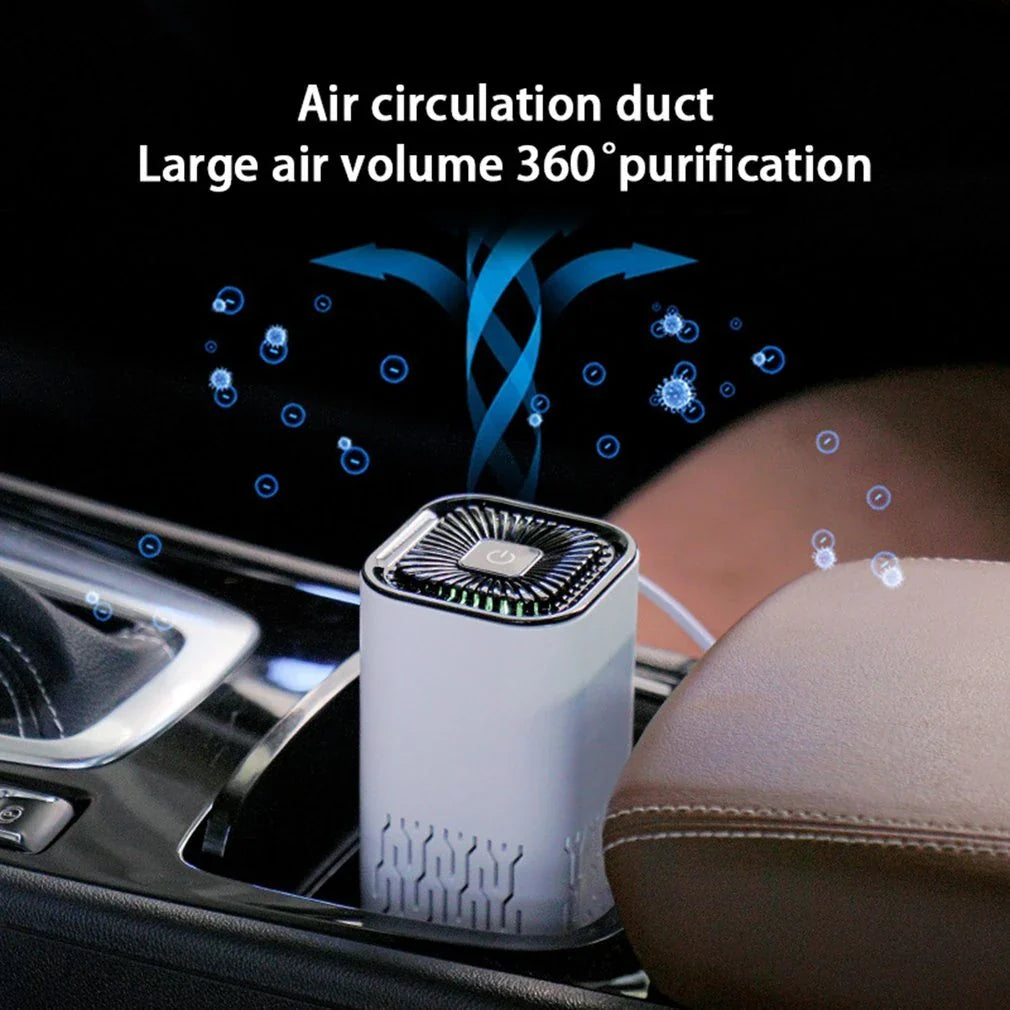 Compact, portable air purifier with dual-inlet design, negative ion generator, and efficient filtration for home and car use