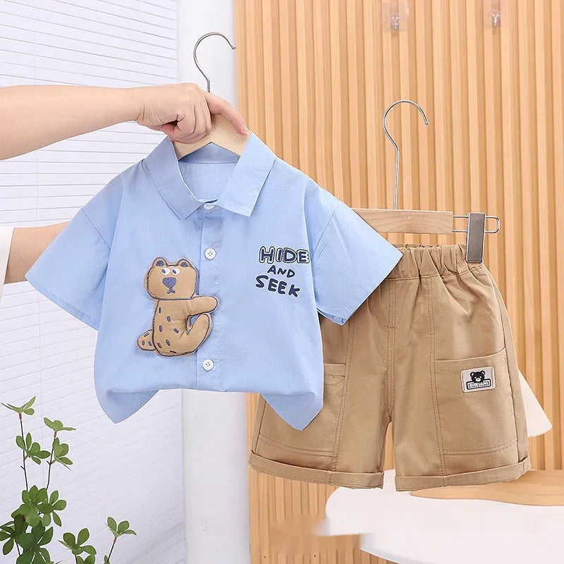 Boys cotton short sleeve shirt suit set in solid colour with matching pants for height 80-120cm