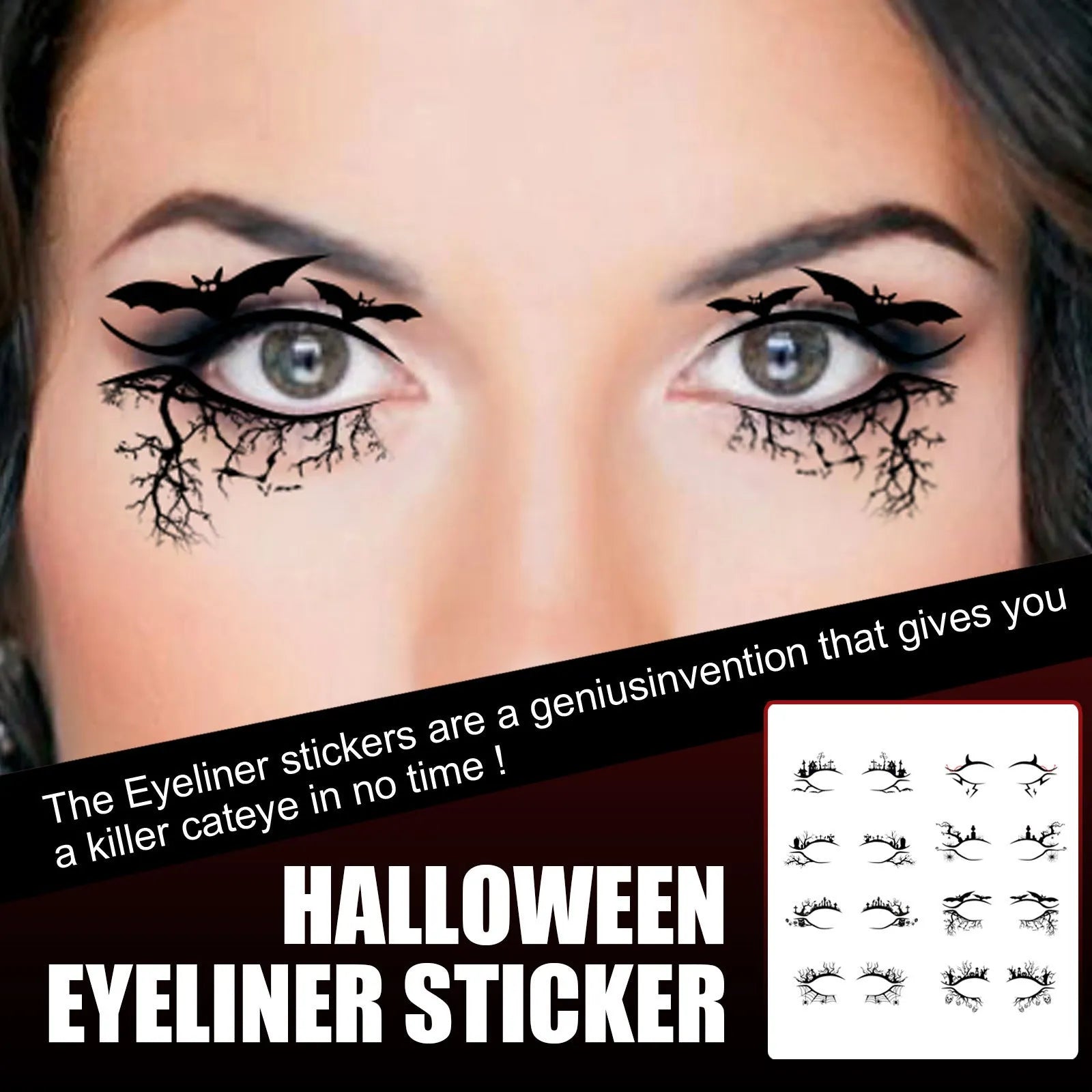 Set of eight pairs of bat and spider themed eyeliner stickers for decorative eye makeup