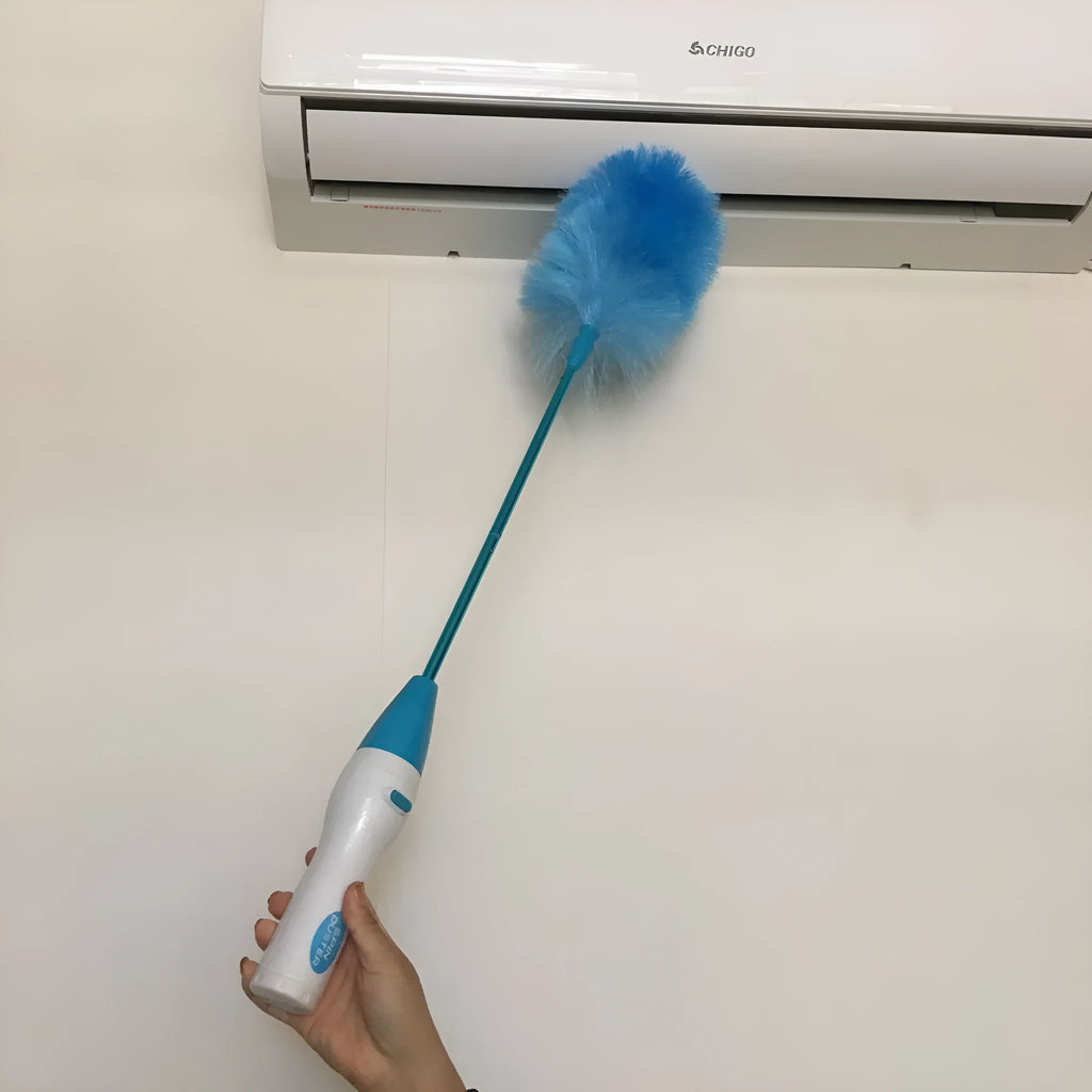 Blue electric dust cleaner with electrostatic bristles, 2 duster heads, for ceiling fans and blinds