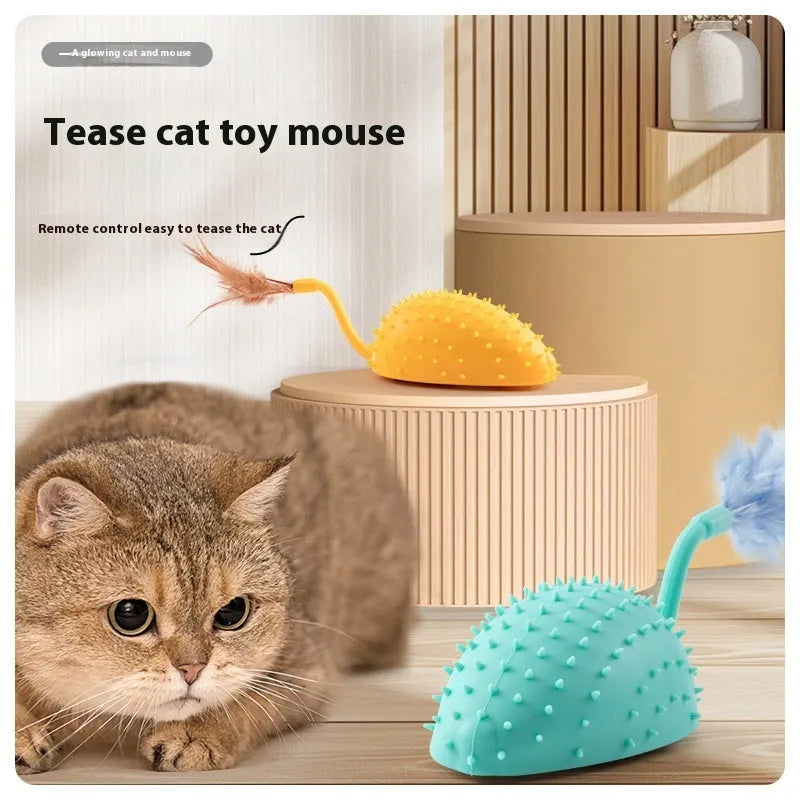 Remote control silicone mouse cat toy with feather attachment in three colour options