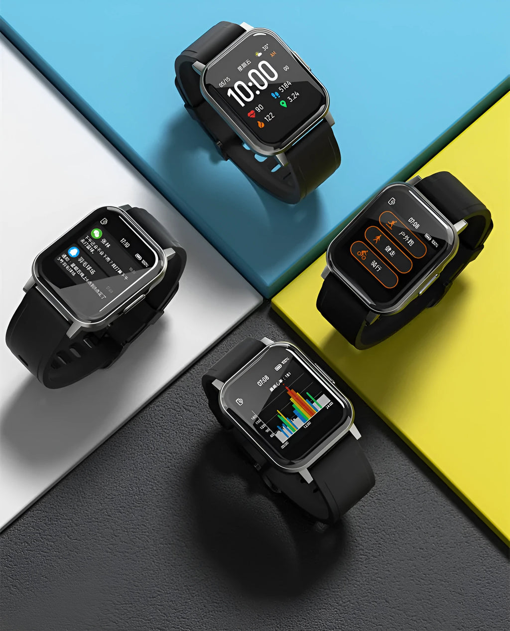 Black waterproof smart bracelet with 1.4-inch screen showing health metrics on silicone wrist strap