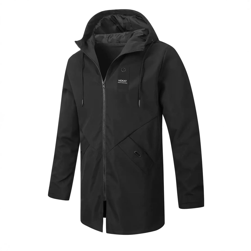 Men's mid-length windproof hooded polyester shell jacket in army green on a model outdoors
