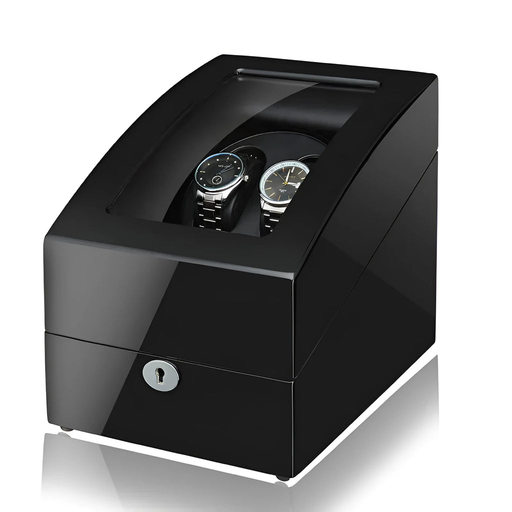 Black mechanical watch winder with piano paint finish, multiple rotation modes, and EU/US plug option.