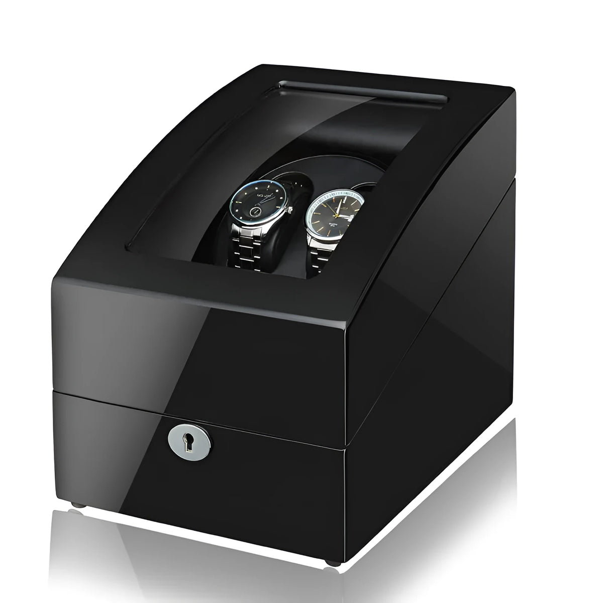 Black mechanical watch winder with piano paint finish, multiple rotation modes, and EU/US plug option.