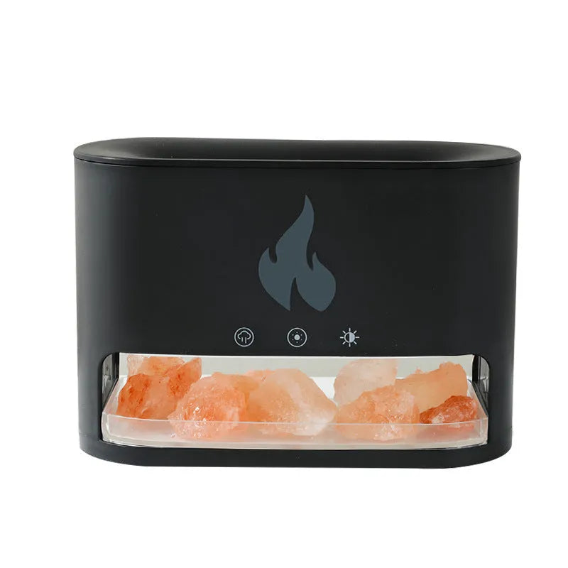 White square desktop humidifier with glowing 3D flame effect and colourful LED lights