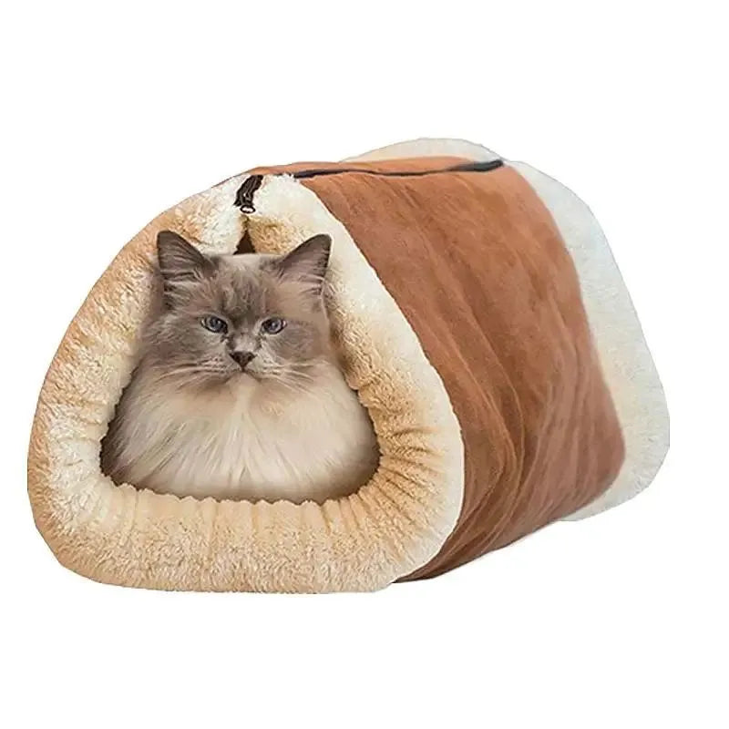 Brown foldable snooze tunnel mat for cats and dogs made from plush fleece with suede trim, unfolded size 28x25x50 cm